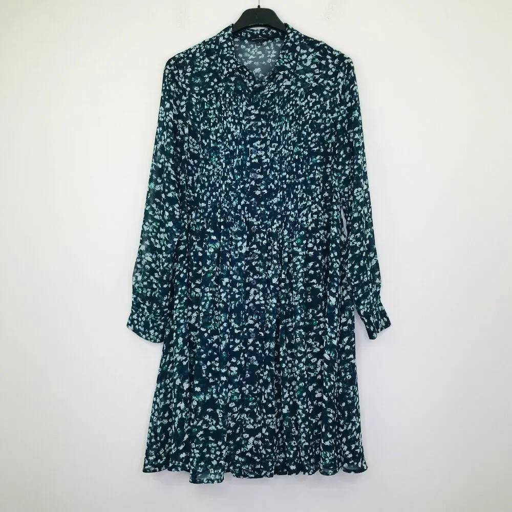 Banana Republic Women's Small Shirt Dress Blue Floral Long Sleeve Pintuck CG25